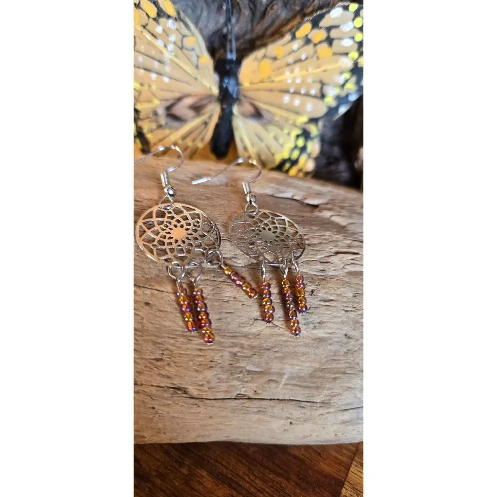 Silver Tone Dreamcatcher Dangle Earrings with Amber Glass Beads | Boho Western
